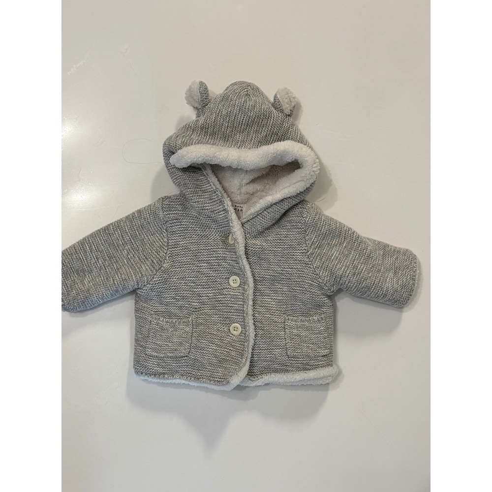 Baby Gap Garter Knit Sherpa Lined Hoodie Bear Ears Grey 0-3 Months 599940-00